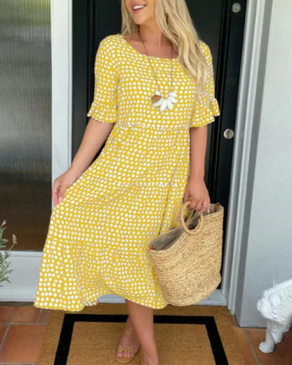 Women's short sleeve flowing relaxed midi dress in brown, red, yellow, green, blue or black