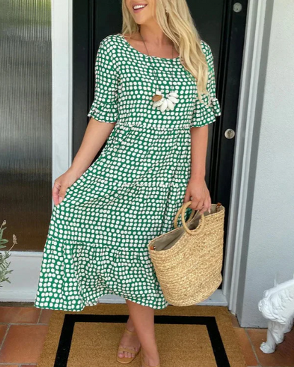 Women's short sleeve flowing relaxed midi dress in brown, red, yellow, green, blue or black