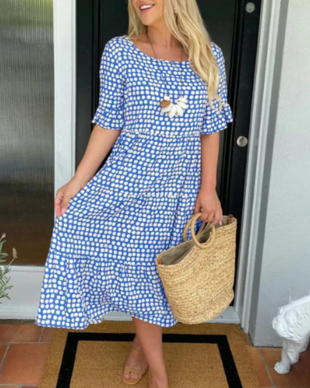 Women's short sleeve flowing relaxed midi dress in brown, red, yellow, green, blue or black