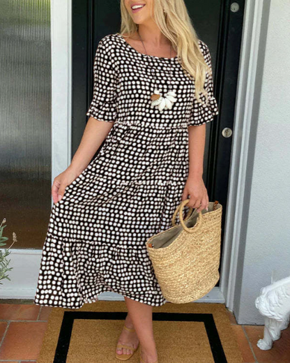 Women's short sleeve flowing relaxed midi dress in brown, red, yellow, green, blue or black