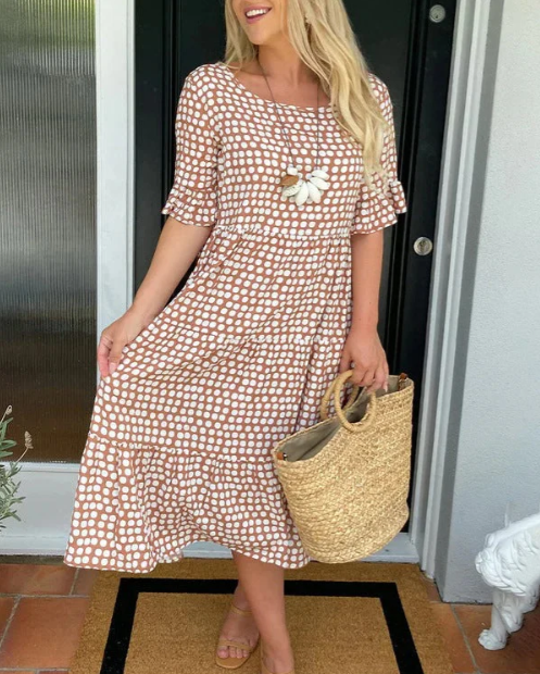 Women's short sleeve flowing relaxed midi dress in brown, red, yellow, green, blue or black