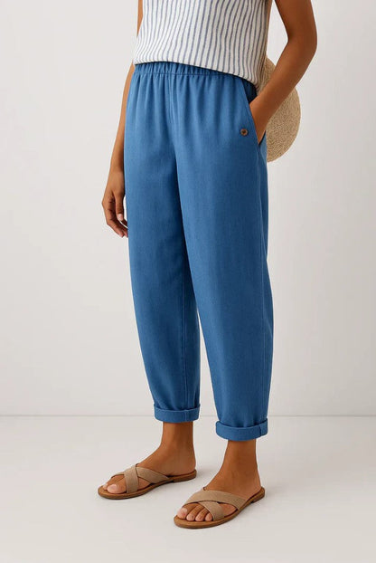 Kessoro women's straight-leg elastic waist cotton trousers in neutral and blue colourways