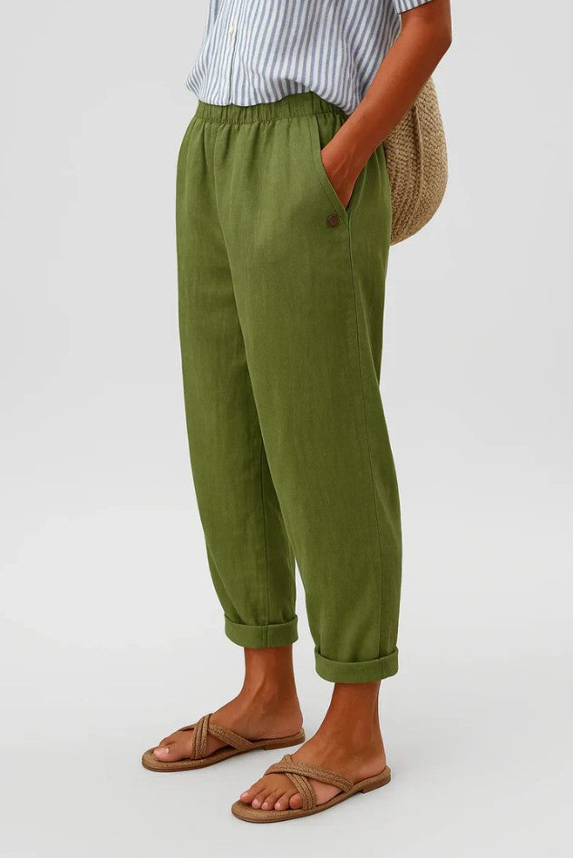 Kessoro women's straight-leg elastic waist cotton trousers in neutral and blue colourways