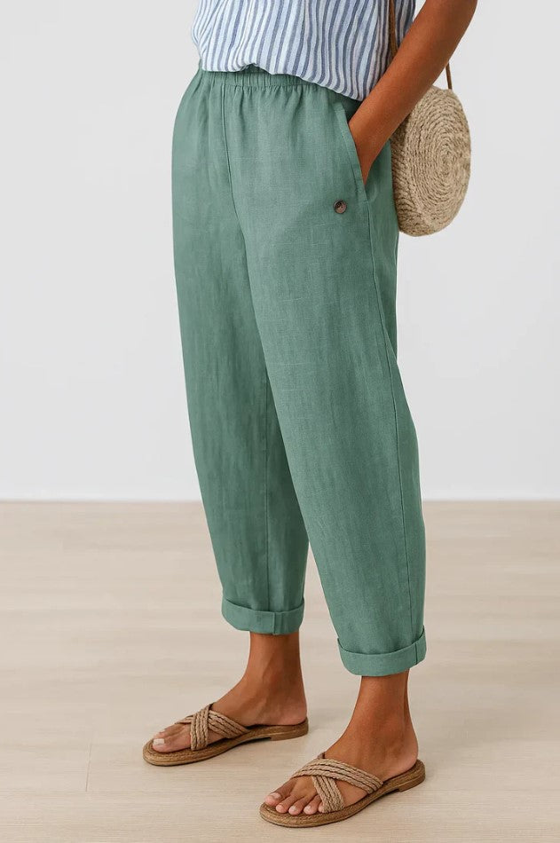 Kessoro women's straight-leg elastic waist cotton trousers in neutral and blue colourways