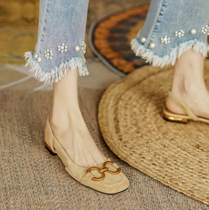 Women's cushioned buckle strap sandals in dark blue, beige, black, brown and khaki, shown for womenswear styling