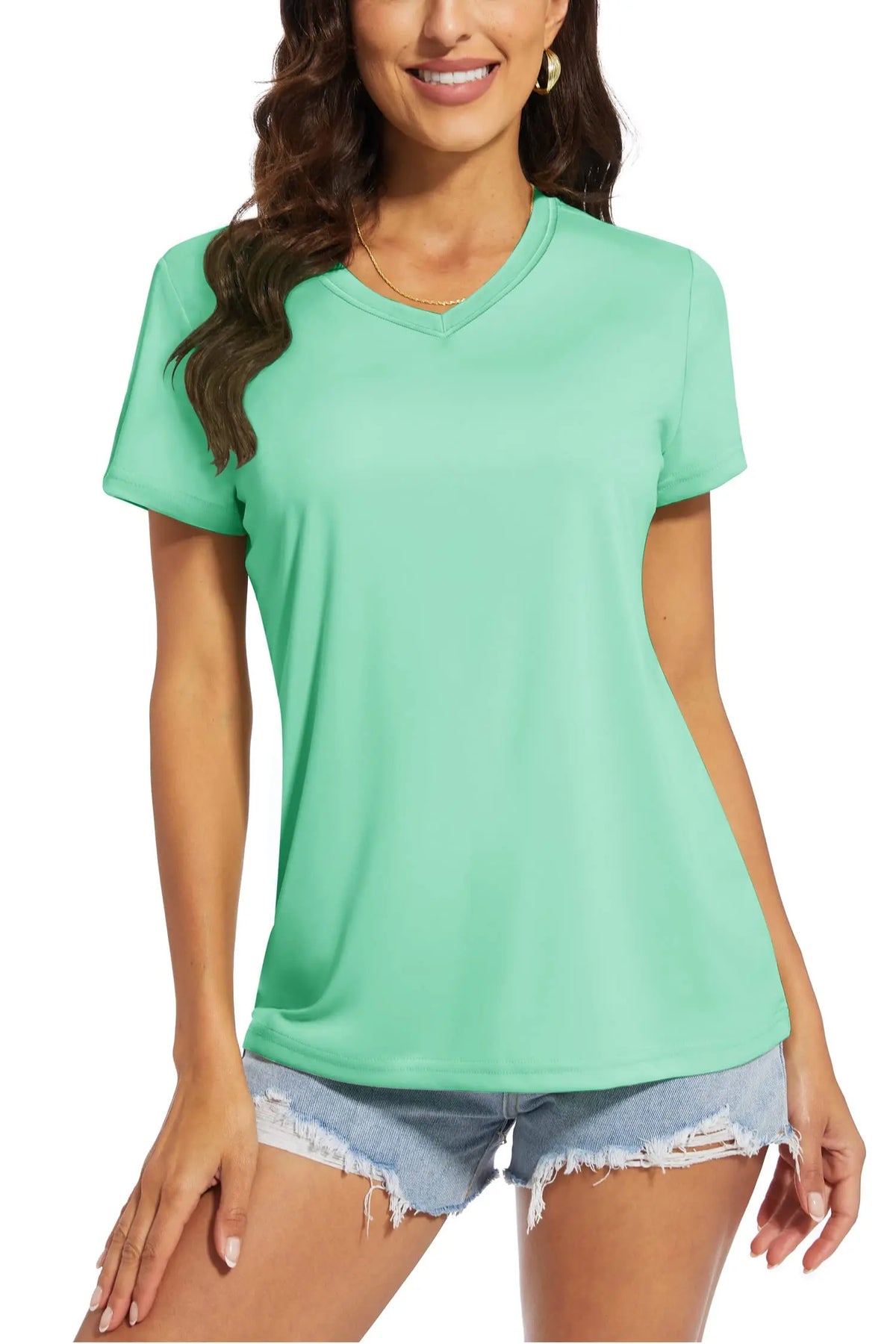 Women's quick-dry V-neck sun protection tee, front view on model