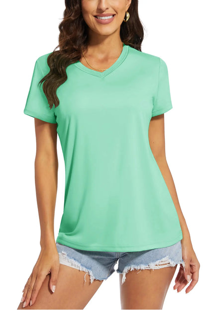 Women's quick-dry V-neck sun protection tee, front view on model
