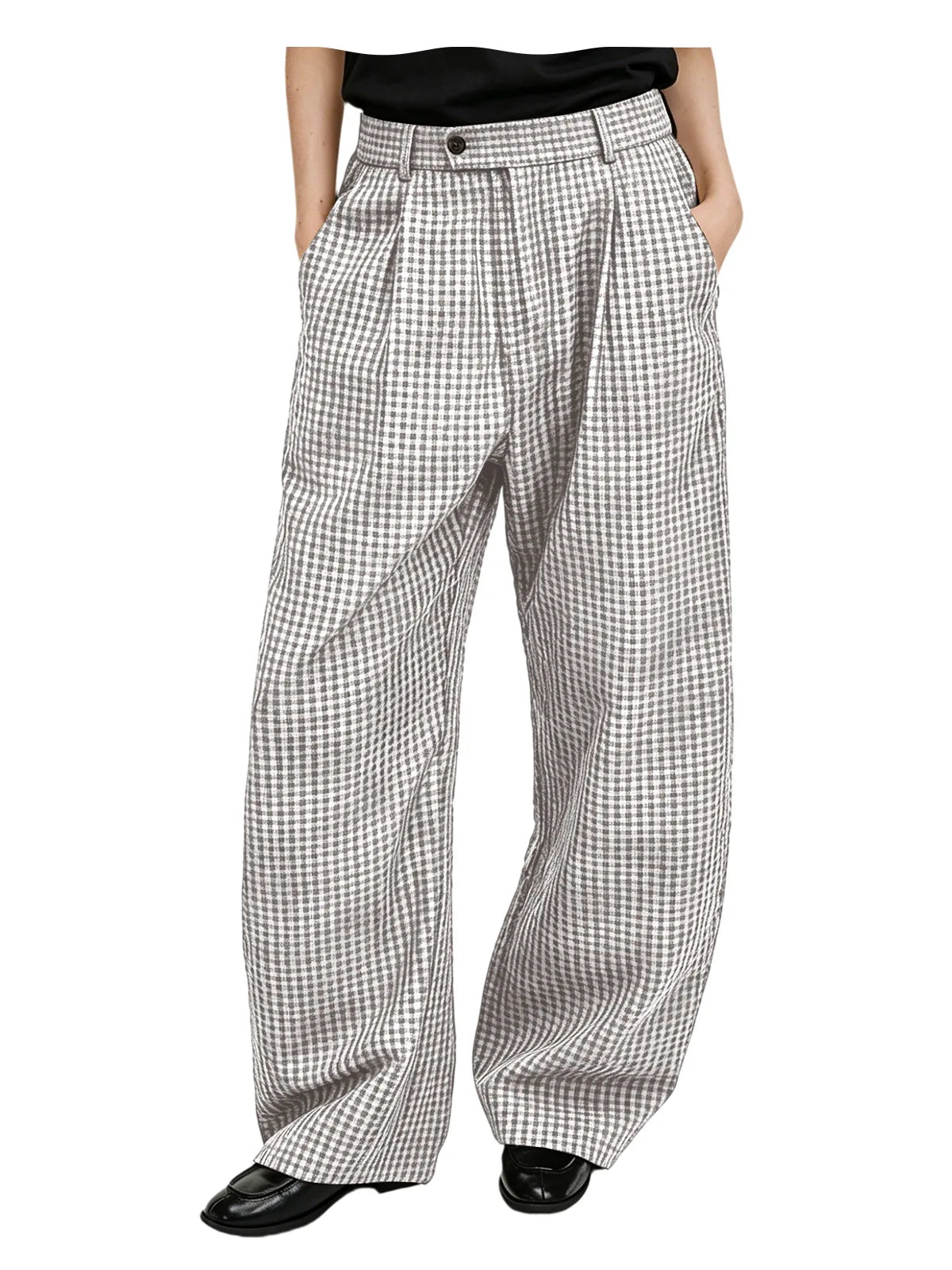 Men's wide-leg cotton linen plaid trousers, side view