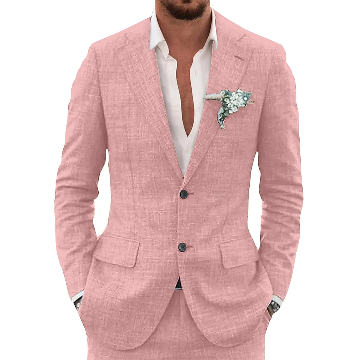 Men's slim-fit casual linen suit, trousers detail