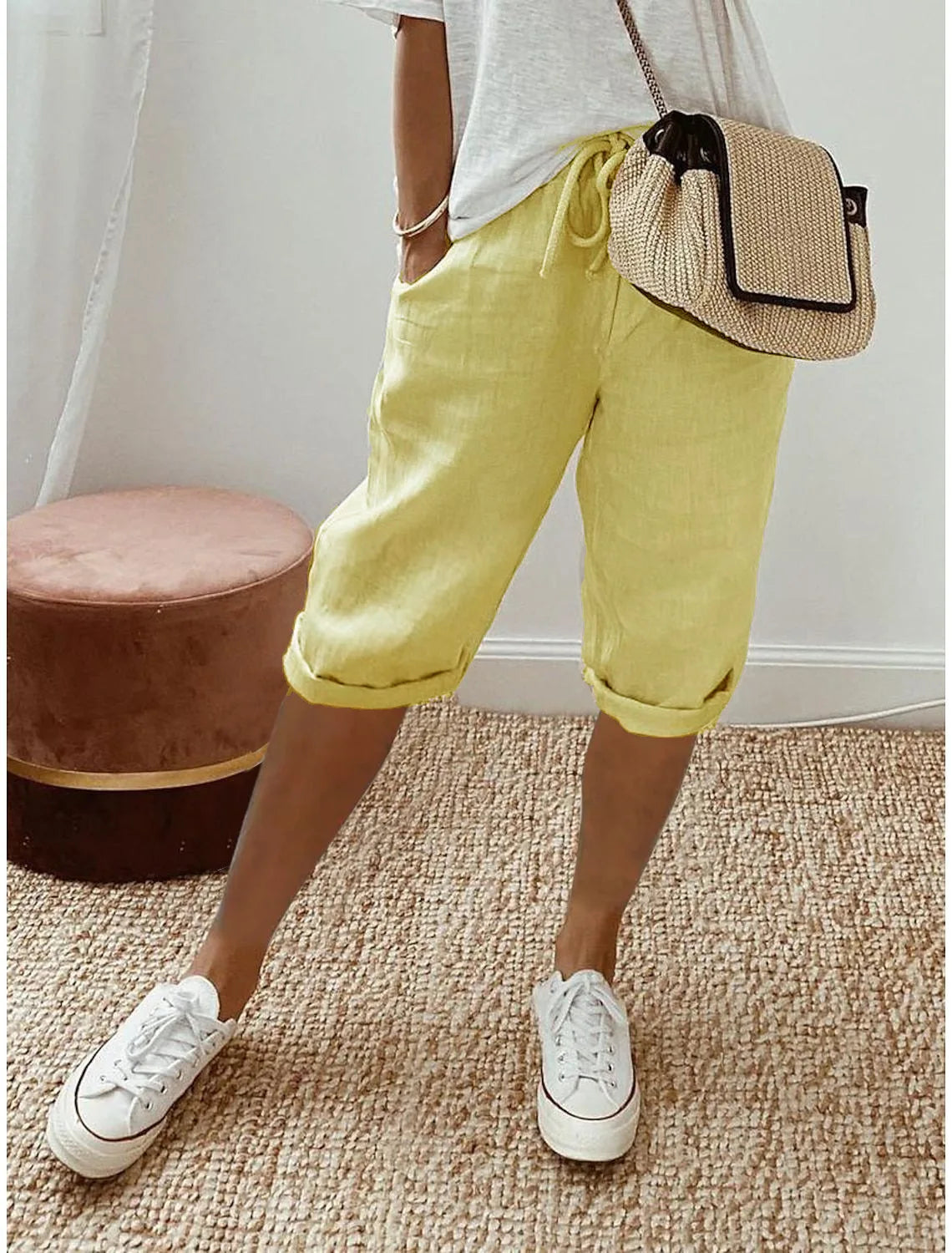 Women's cotton linen elastic-waist casual shorts, flat lay