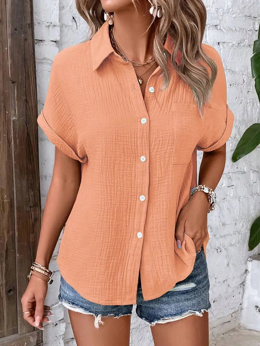 Women's short-sleeve cotton collared blouse, front view
