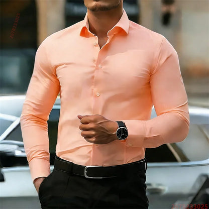 Men's long-sleeve solid business casual shirt, flat lay