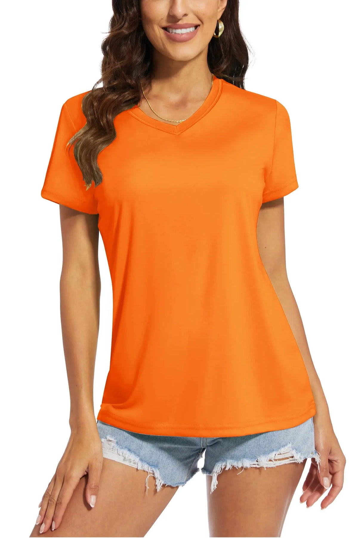 Women's quick-dry V-neck sun protection tee, back view on model
