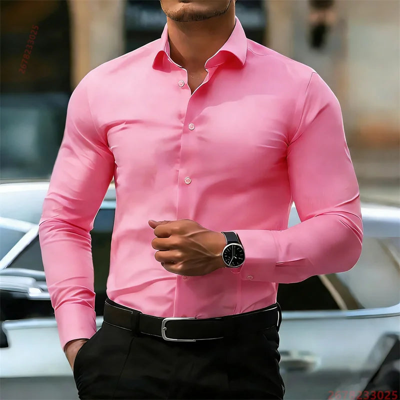 Men's long-sleeve solid business casual shirt, size and fit reference