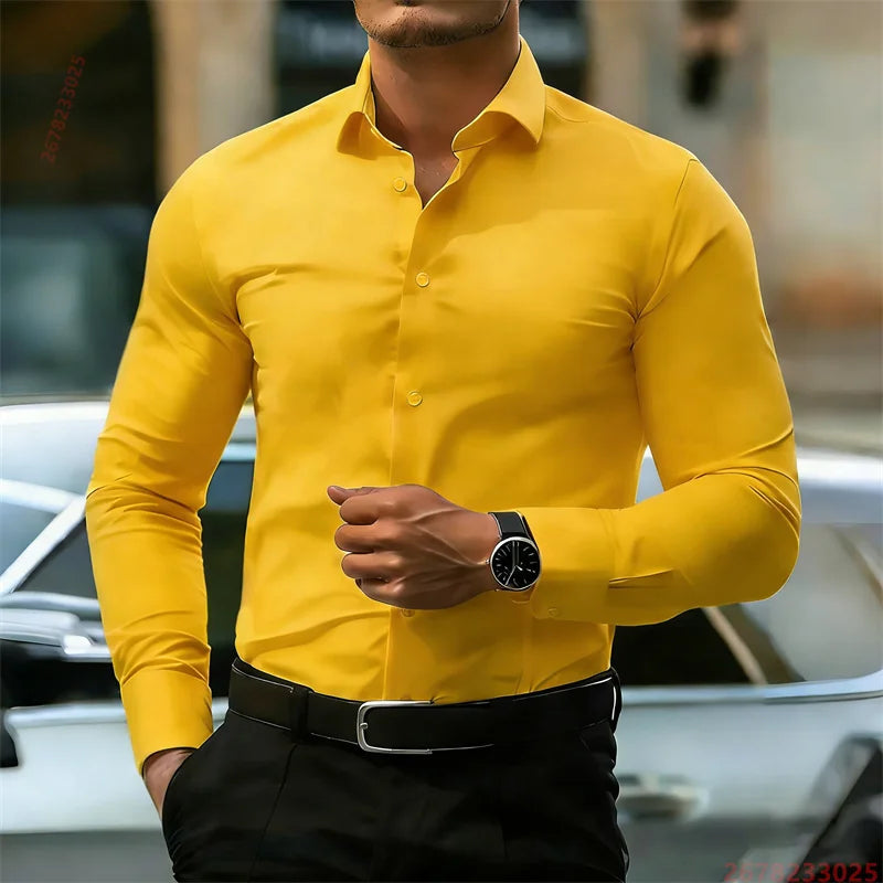 Men's long-sleeve solid business casual shirt, front view