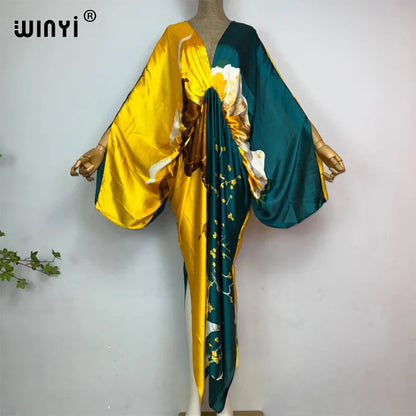 Women's printed V-neck long beach kimono robe, front view
