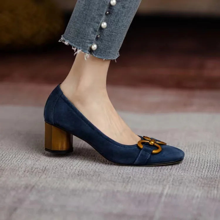 Women's cushioned closed-toe buckle heels in dark blue and khaki