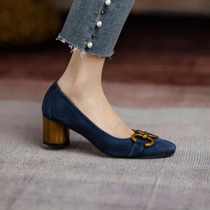Women's cushioned closed-toe buckle heels in dark blue and khaki