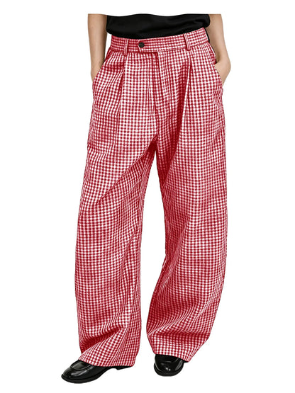 Men's wide-leg cotton linen plaid trousers, size and fit reference