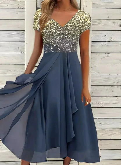 Kessoro women's floral flowing evening occasion dress in blue black, pink black, gold black, pink blue, silver blue and gold blue
