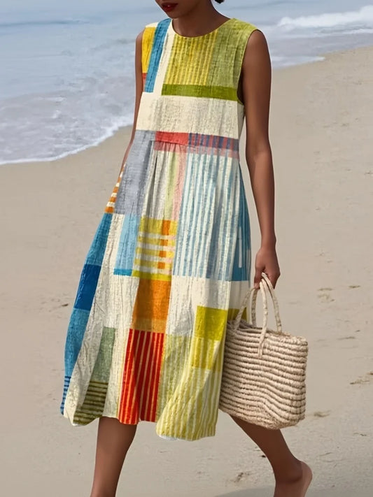 Women's sleeveless geometric print straight midi dress in yellow, orange, beige or black