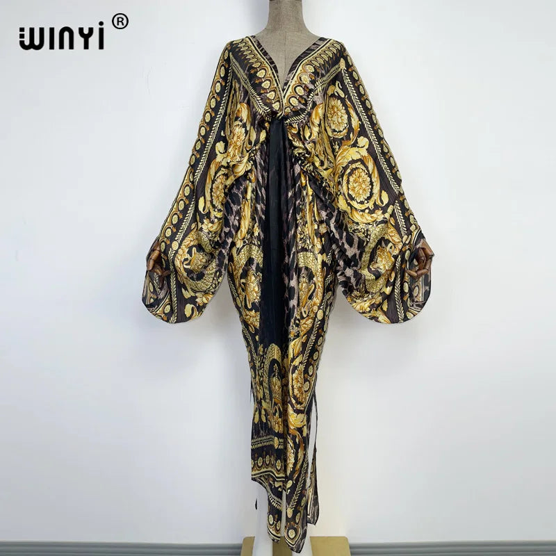Women's printed V-neck long beach kimono robe, fabric close-up