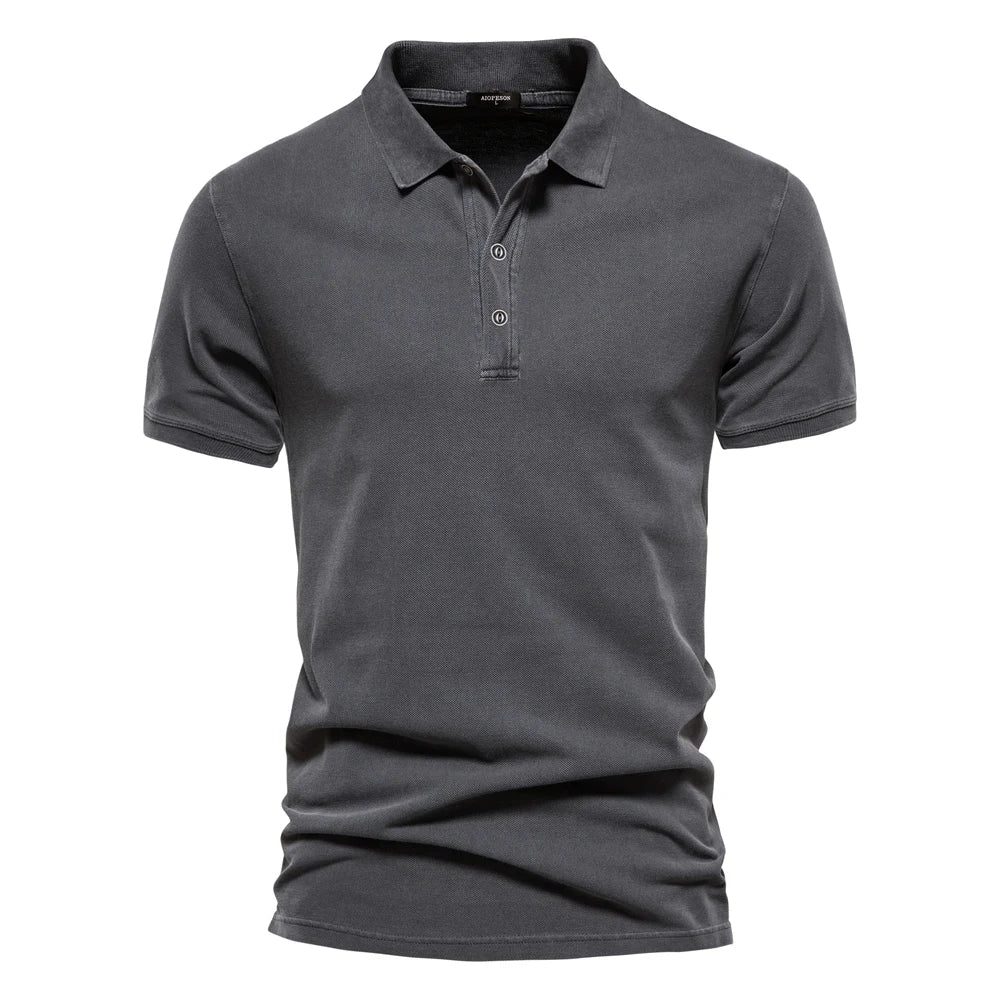 Men's classic everyday short sleeve polo shirt in dark grey, dark blue and green, shown for menswear styling