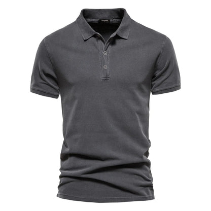 Men's classic everyday short sleeve polo shirt in dark grey, dark blue and green, shown for menswear styling