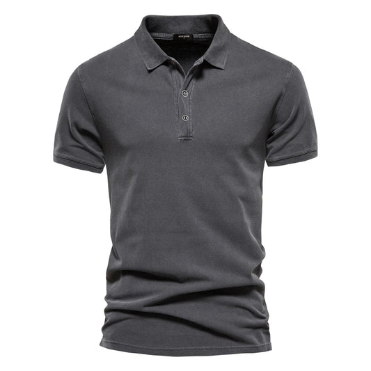 Men's classic everyday short sleeve polo shirt in dark grey, dark blue and green, shown for menswear styling
