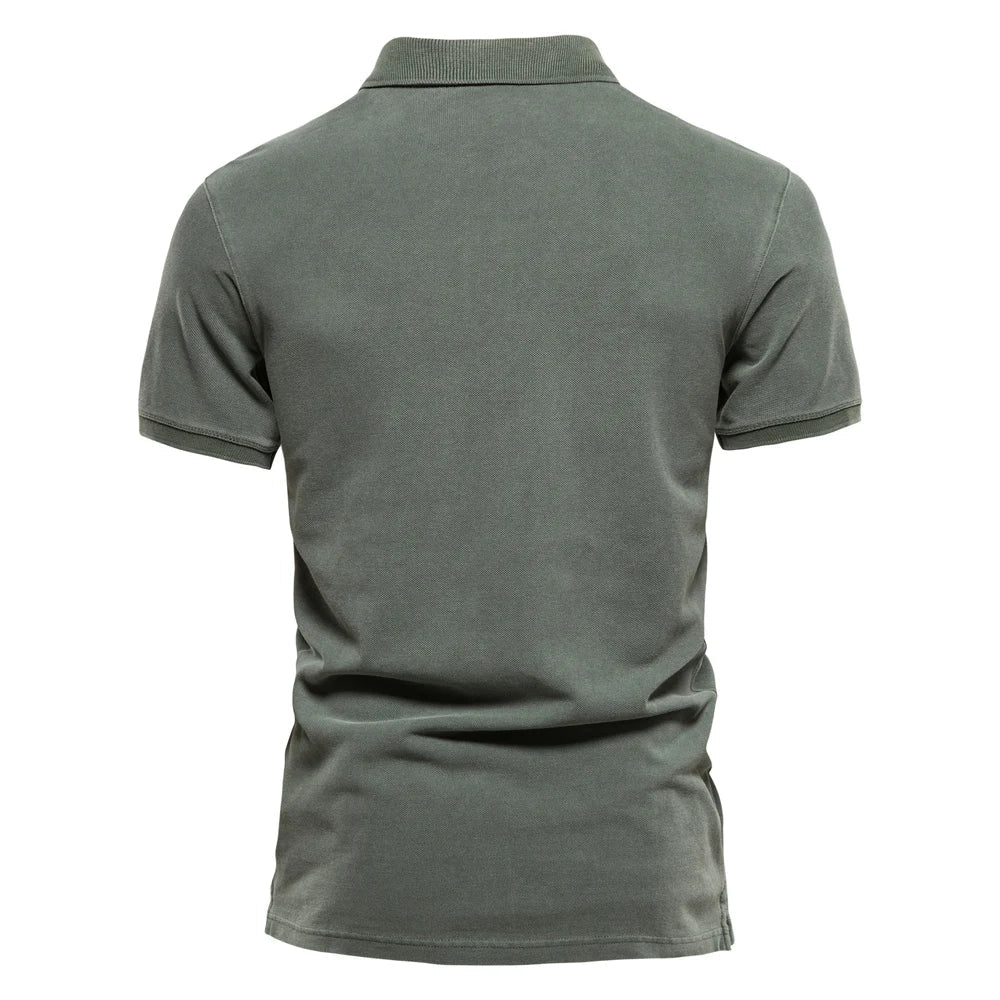 Men's classic everyday short sleeve polo shirt in dark grey, dark blue and green, shown for menswear styling