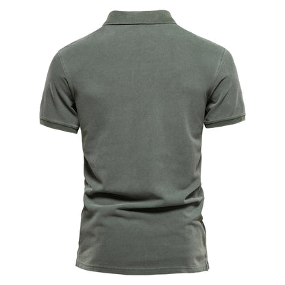 Men's classic everyday short sleeve polo shirt in dark grey, dark blue and green, shown for menswear styling