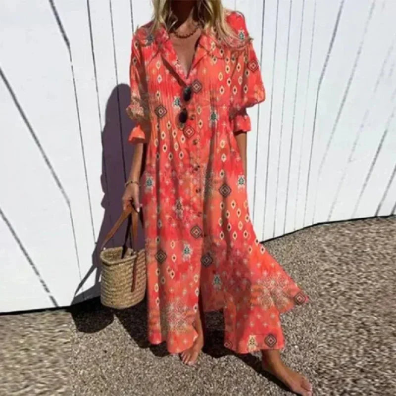Women's flowing wide boho dress in multicolor, pink, red, light blue and white