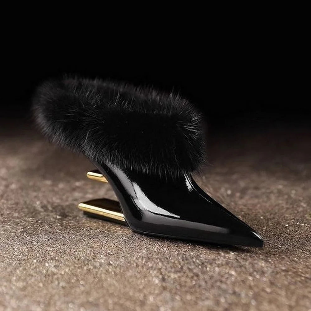 Women's pointed toe fur trim wedge heels in brown and black
