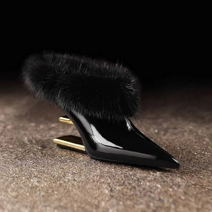 Women's pointed toe fur trim wedge heels in brown and black