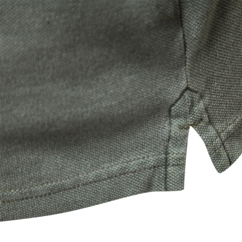 Men's classic everyday short sleeve polo shirt in dark grey, dark blue and green, shown for menswear styling