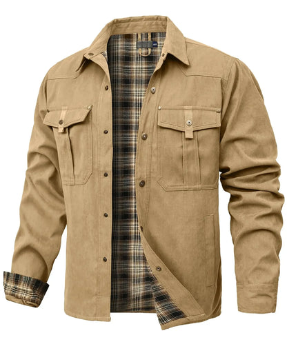 Men's flannel-lined snap-button shirt jacket, lining detail