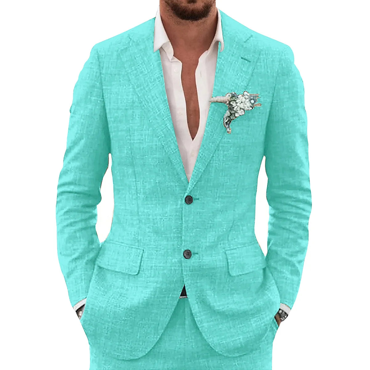 Men's slim-fit casual linen suit, side view