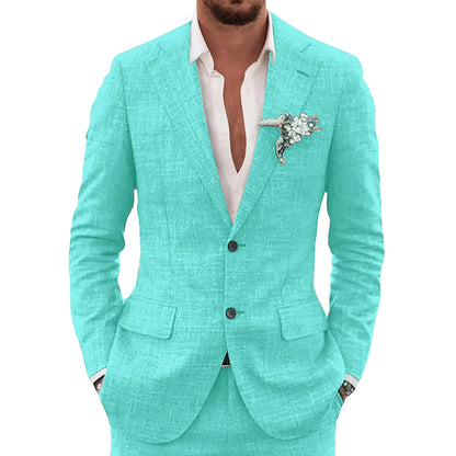 Men's slim-fit casual linen suit, side view