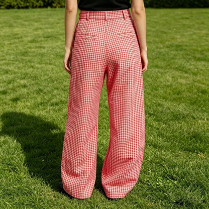 Kessoro Men's Wide-Leg Cotton Linen Plaid Trousers — view 5