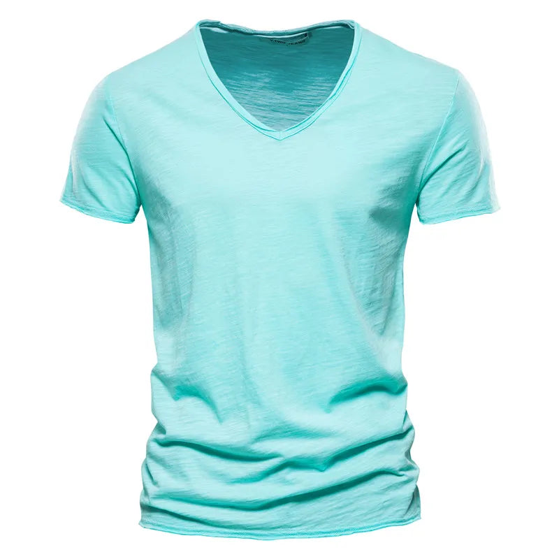 Kessoro men's casual V-neck lightweight cotton summer shirt in blue, orange, black, green and white