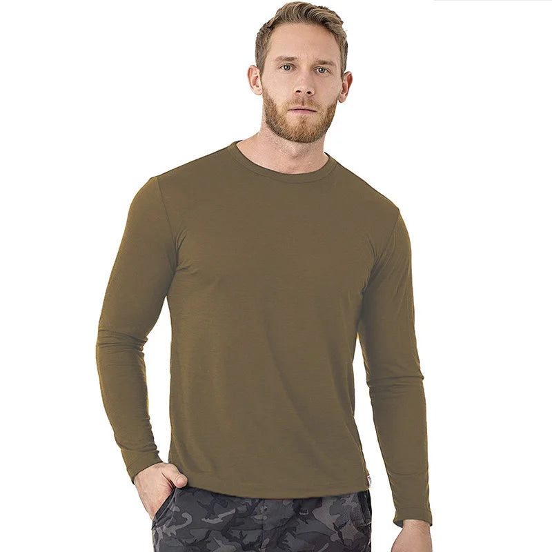 Men's long-sleeve wool T-shirt, back view