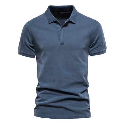 Men's classic everyday short sleeve polo shirt in dark grey, dark blue and green, shown for menswear styling