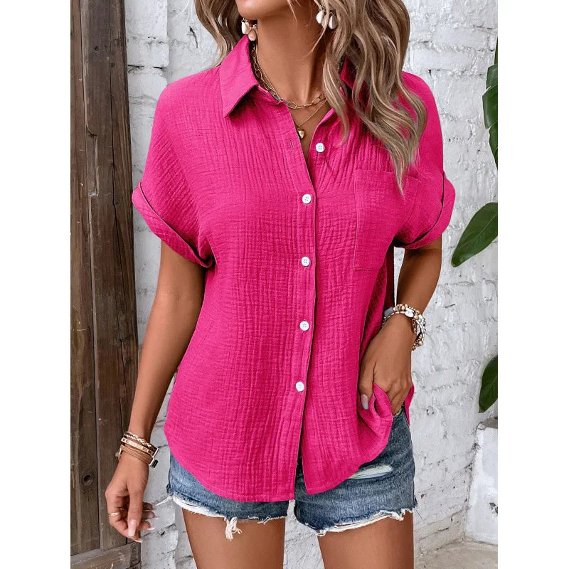 Women's short-sleeve cotton collared blouse, fabric detail