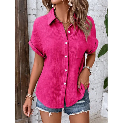Women's short-sleeve cotton collared blouse, fabric detail