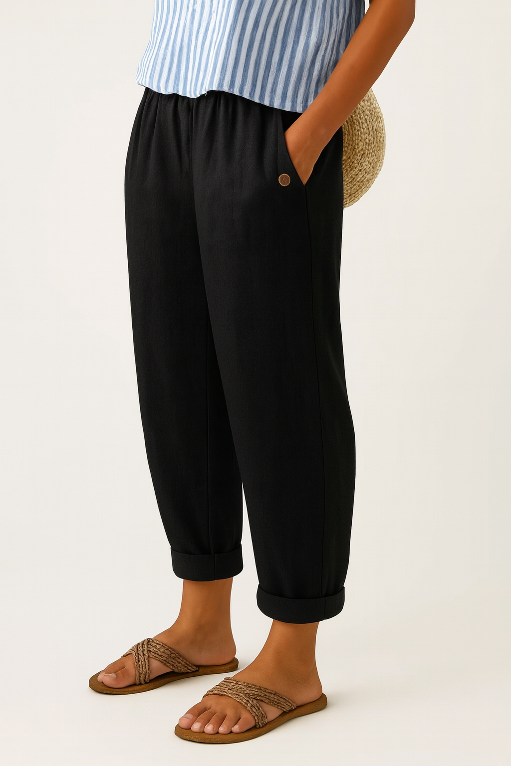Kessoro women's straight-leg elastic waist cotton trousers in neutral and blue colourways