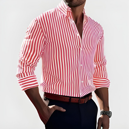 Men's vertical stripe tailored button-down dress shirt in a classic blue or black colourway