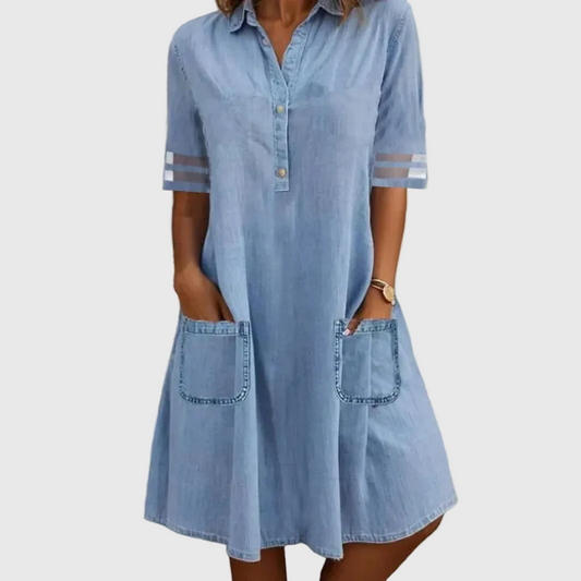 Women's flowing denim blue casual mini dress with a graceful relaxed silhouette