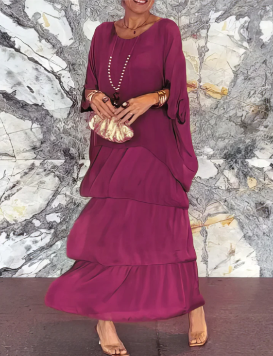 Women's flowing layered elegant maxi dress in a soft muted colourway