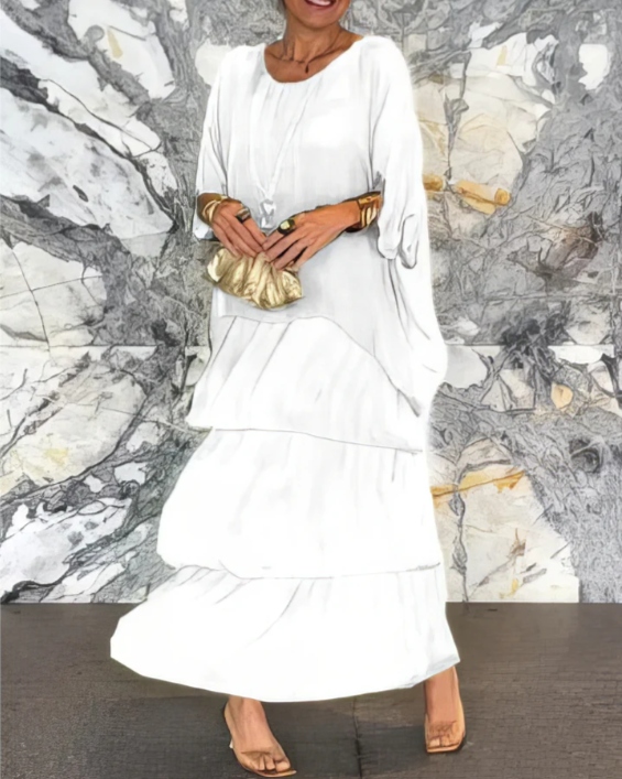 Women's flowing layered elegant maxi dress in a soft muted colourway