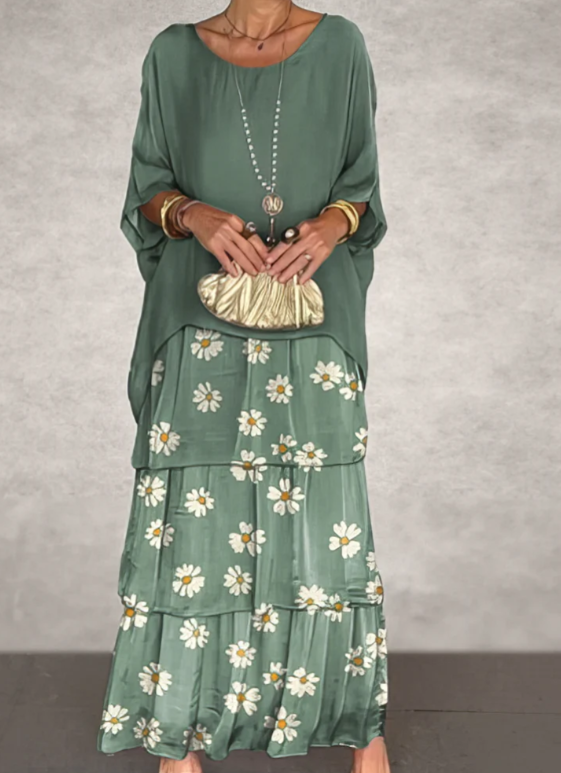 Women's flowing layered elegant maxi dress in a soft muted colourway
